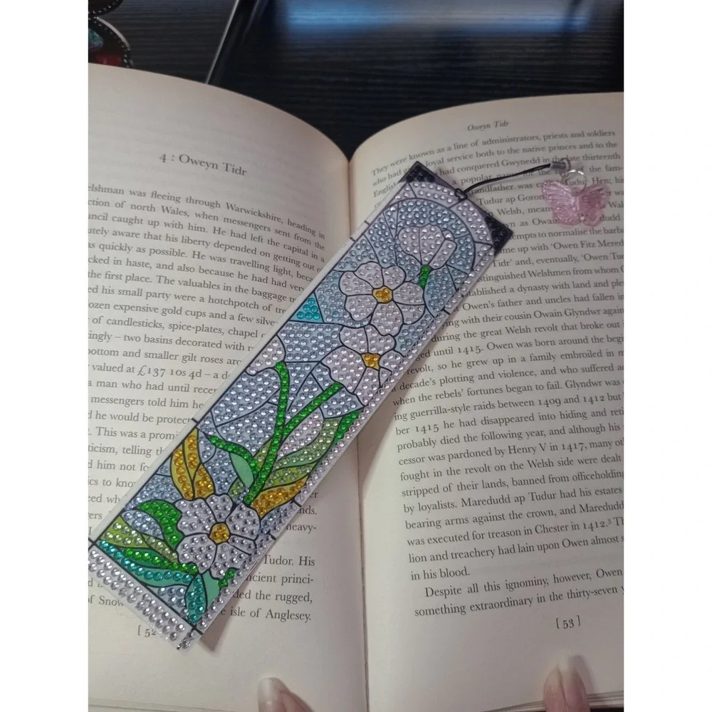 Handmade Diamond Art Bookmark White Floral Stained Glass Butterfly Charm 7.5
